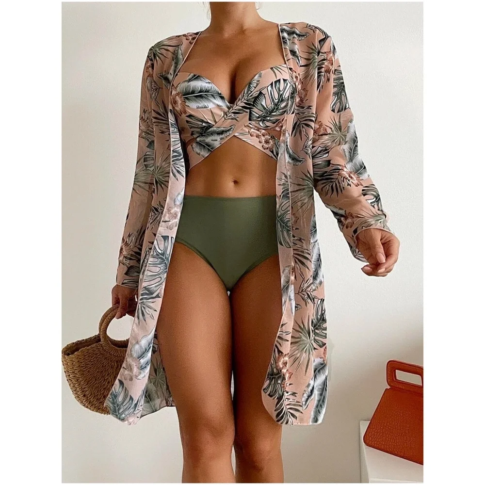 Floral Tropical Print Cut out High Waisted Bikini Kimono Beach - Picture 1 of 7